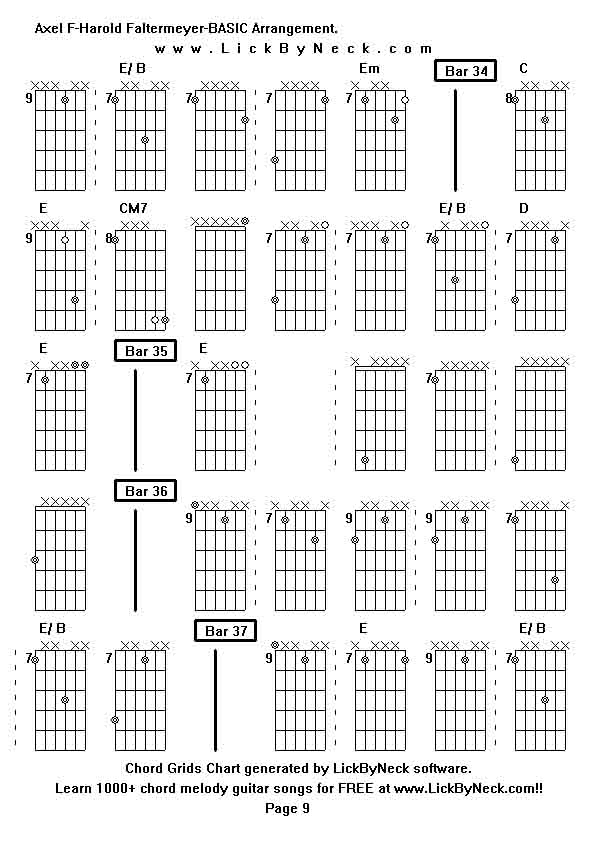 Chord Grids Chart of chord melody fingerstyle guitar song-Axel F-Harold Faltermeyer-BASIC Arrangement,generated by LickByNeck software.